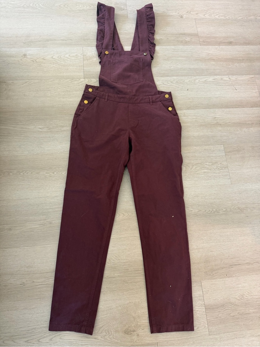 Anthropologie Ruffled-Strap Overalls in Deep Burgundy